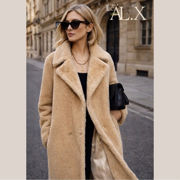 NWT $265 Lé AL.X Faux Sherpa Midi Coat. Loose Fit Hidden Snap Front (Dillard’s)